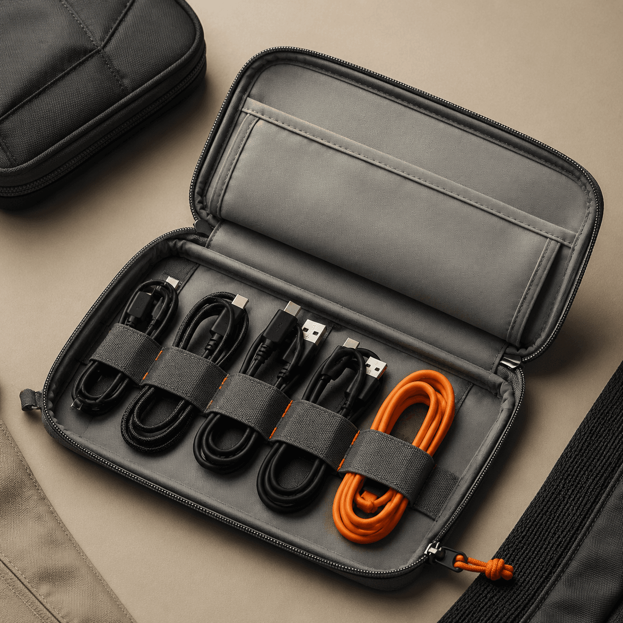 Grey zip cable pouch open showing elastic loops, studio shot