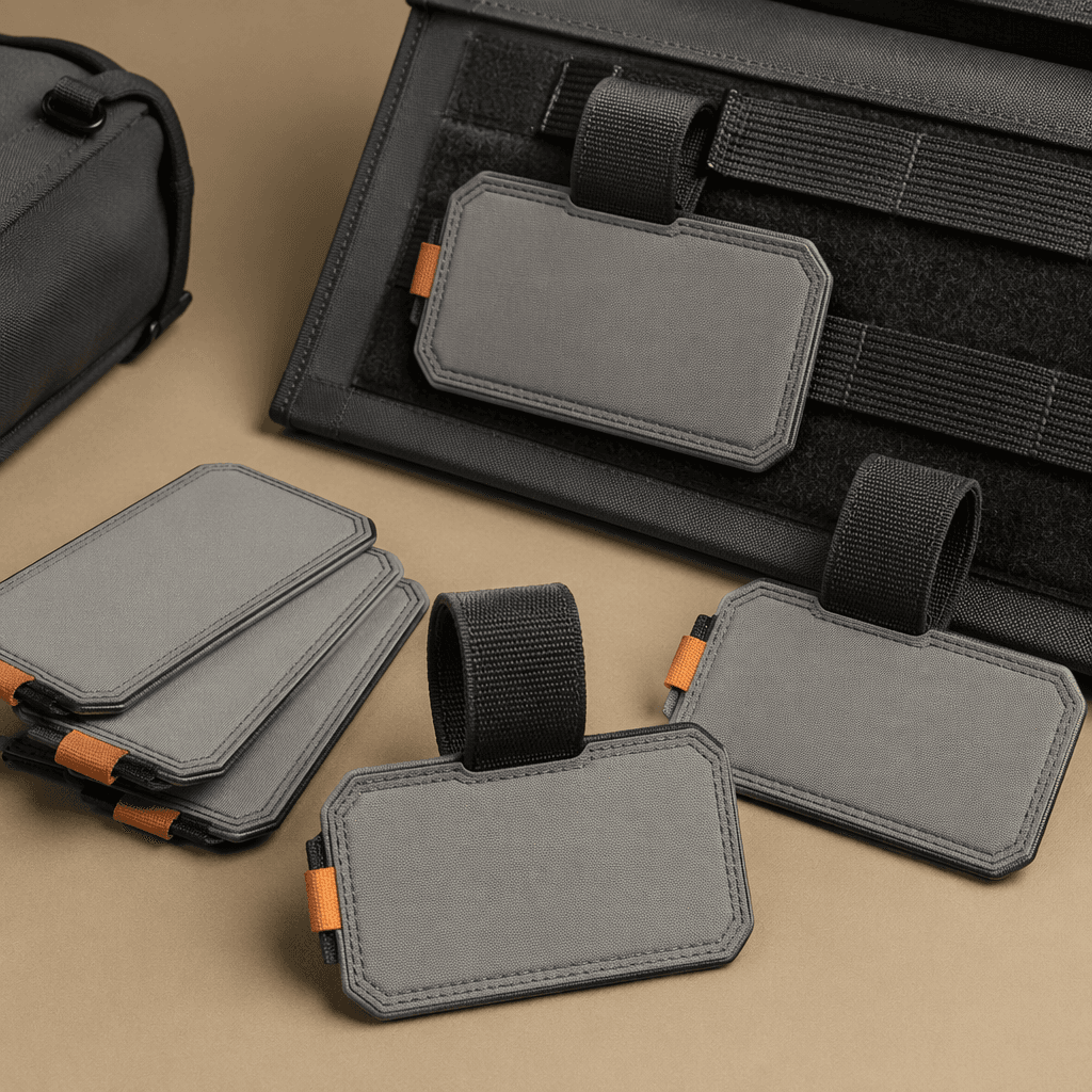 Set of grey write-on cargo label tags, studio shot