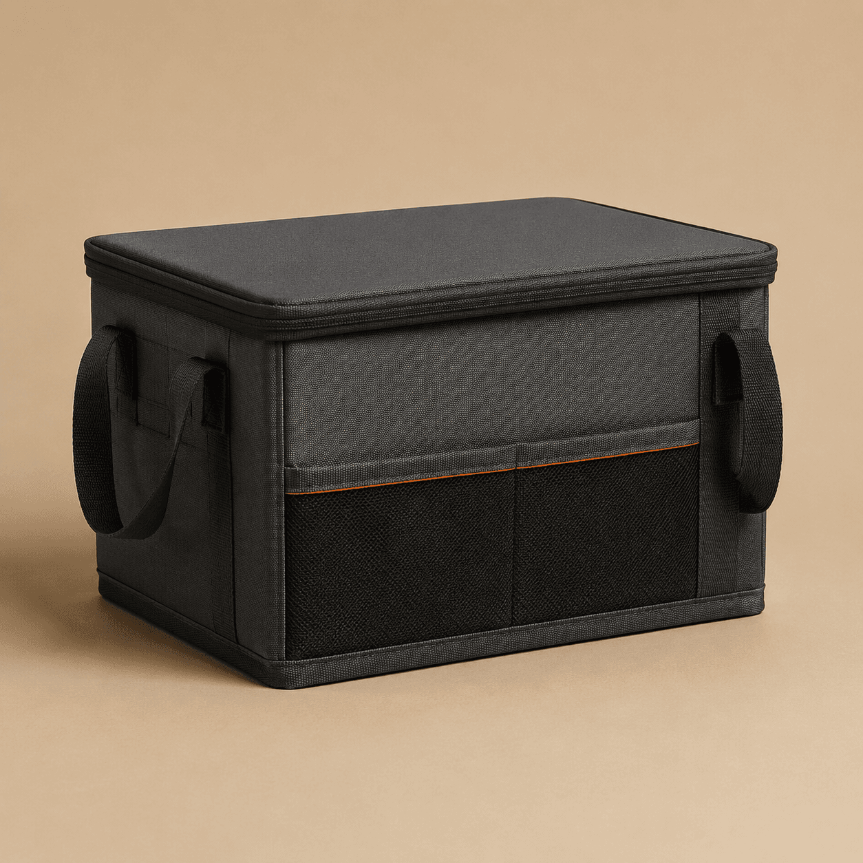 Grey lidded foldable storage cube, studio shot