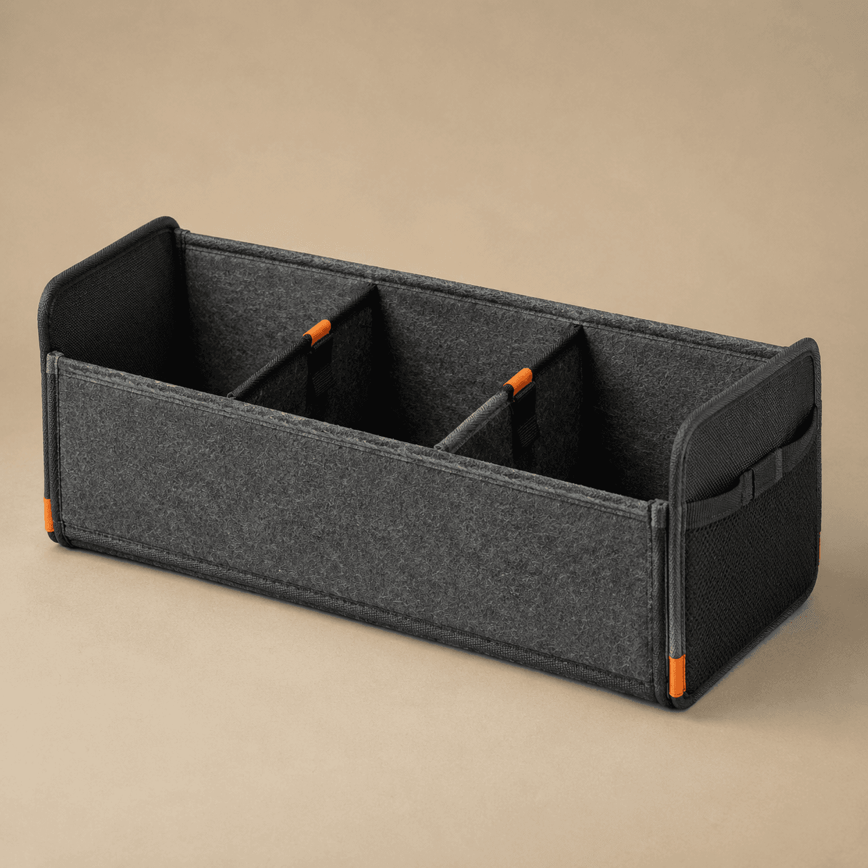 Grey felt glove box divider with sections, studio shot