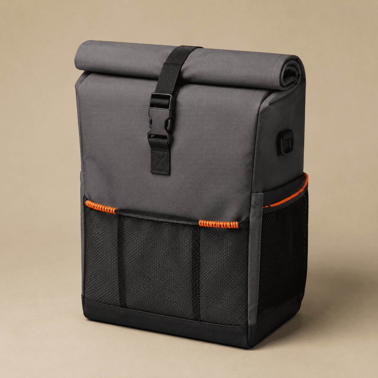 Grey soft-sided reusable car bin with roll top, studio shot