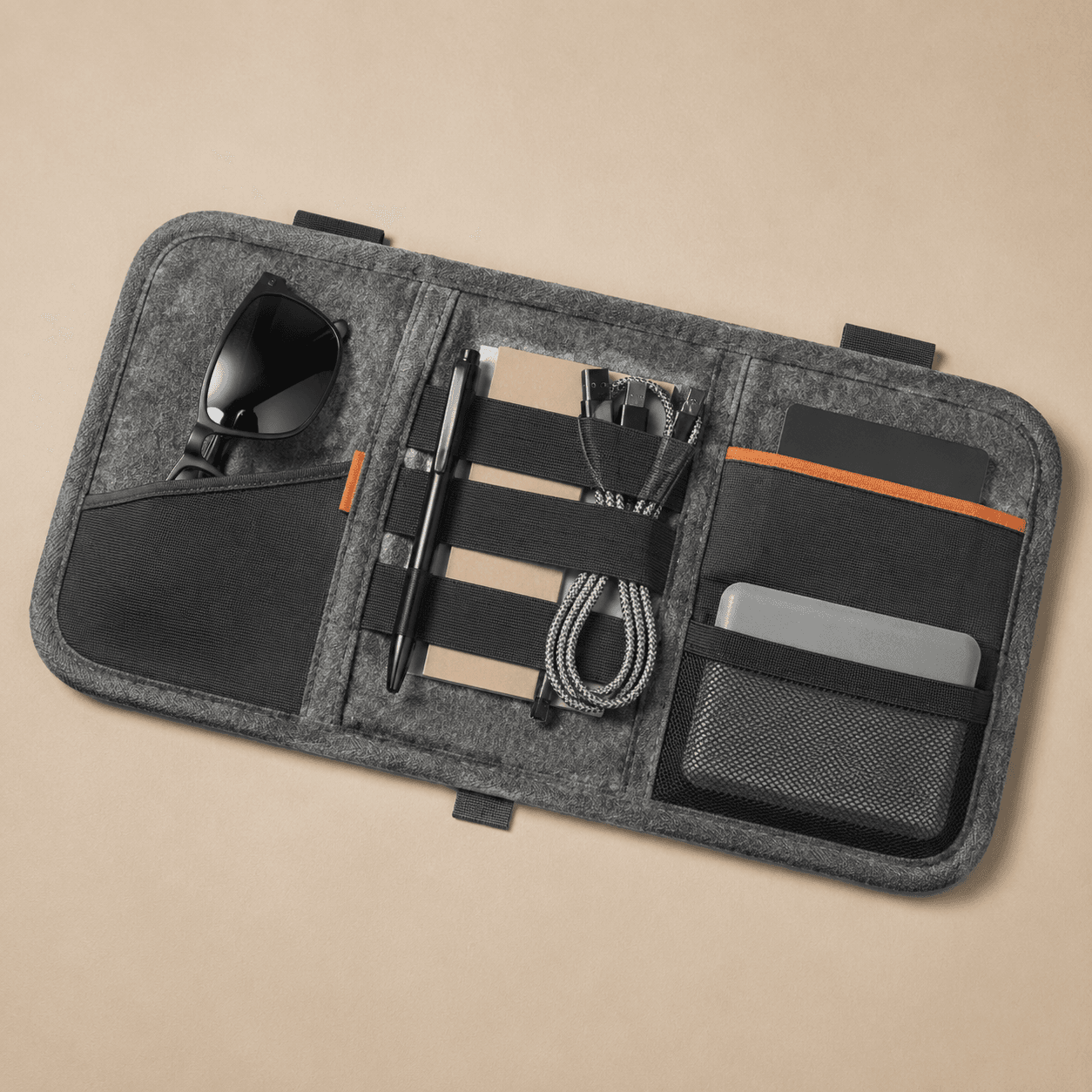 Grey felt sun visor organizer with elastic slots, studio shot