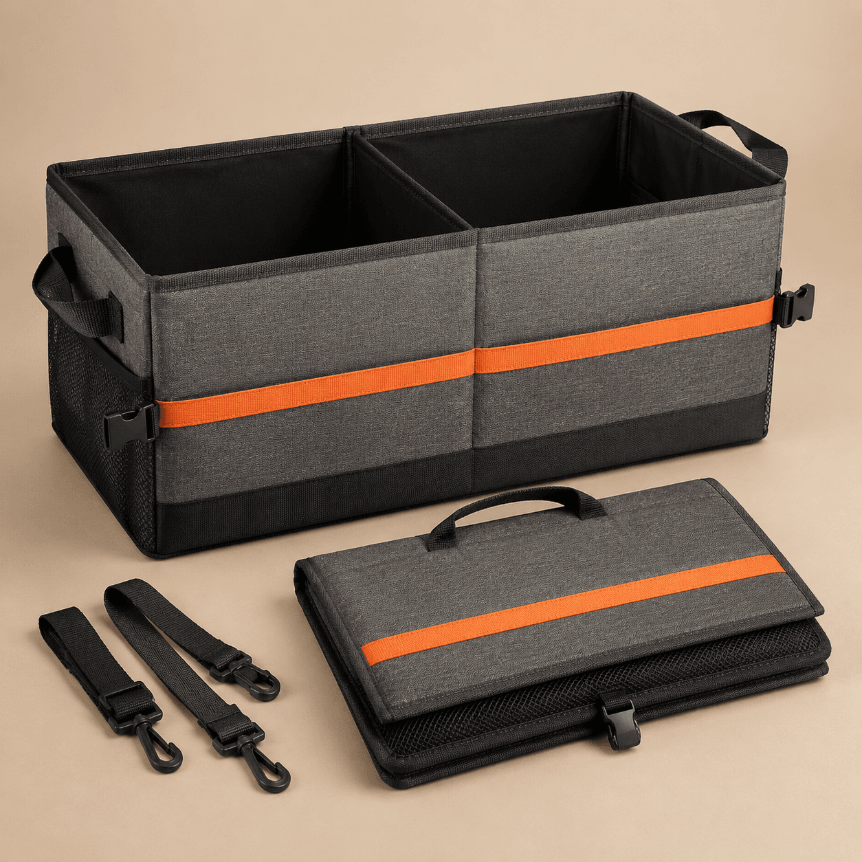 Grey woven trunk organizer box with carry handles, studio shot