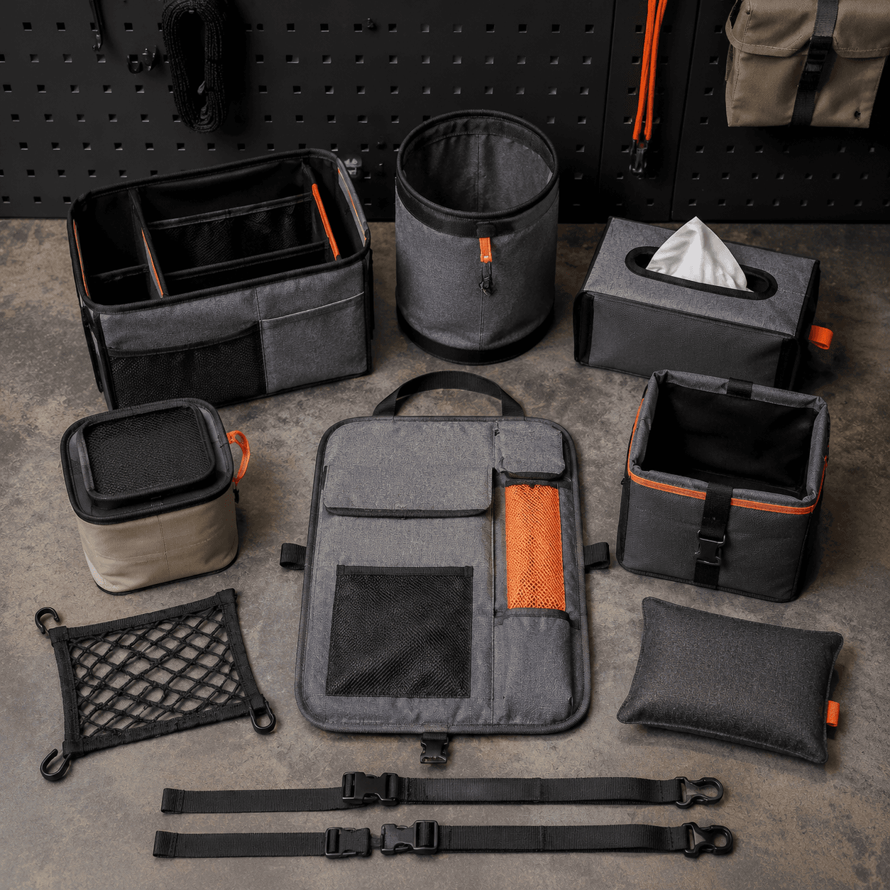 Grey car tidy storage goods arranged on a workbench