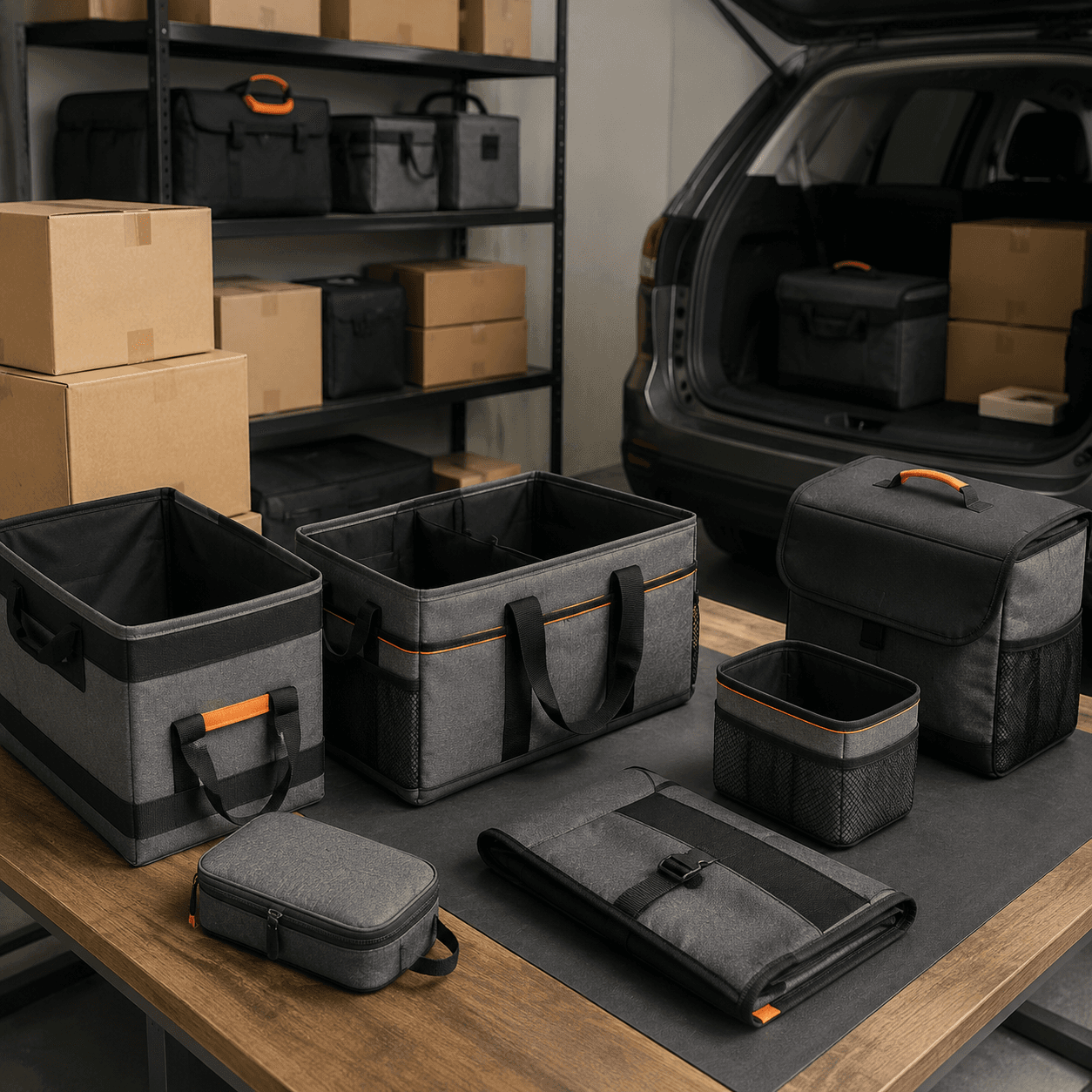 A tidy packing area with grey car organizers and plain boxes