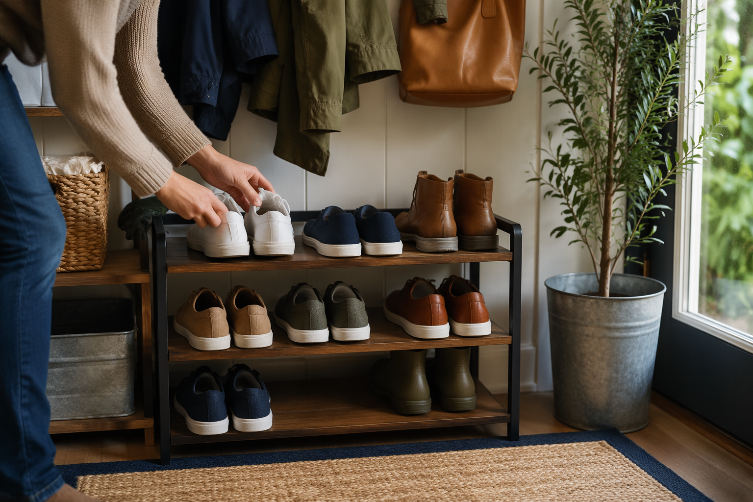 Hands organizing shoes onto a rack in a tidy entryway