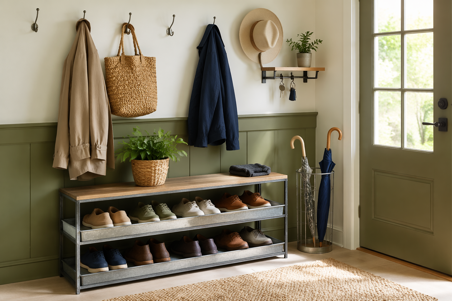 A bright, organized home entryway with a shoe rack, coat hooks, key shelf and umbrella stand